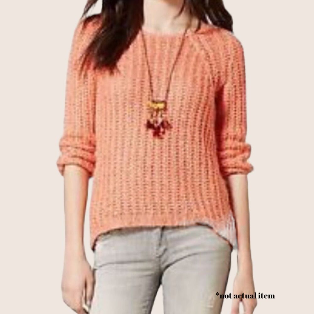 🧡 ANTHRO KNITTED & KNOTTED PASTEL ORANGE SILVER SEQUIN SUNSTITCH SWEATER MEDIUM